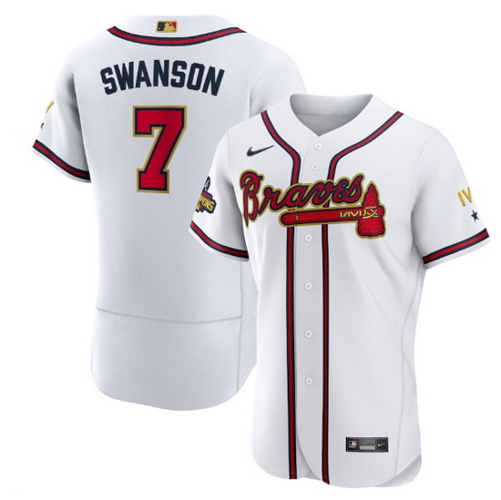 Men Atlanta Braves 7 Dansby Swanson 2022 White Gold World Series Champions Program Flex Base Stitche