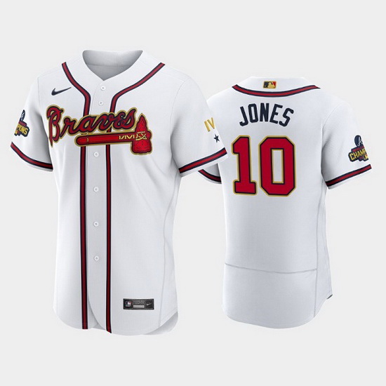 Men Atlanta Braves 10 Chipper Jones 2022 White Gold World Series Champions Program Flex Base Stitche