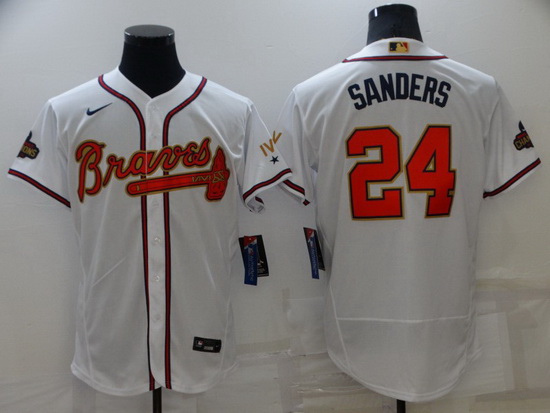 Men Atlanta Braves 24 Deion Sanders 2022 White Gold World Series Champions Program Flex Base Stitche