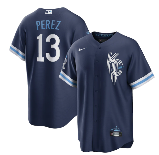 Men Kansas City Royals 13 Salvador Perez 2022 Navy City Connect Cool Base Stitched jersey