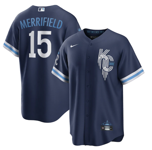 Men Kansas City Royals 15 Whit Merrifield 2022 Navy City Connect Cool Base Stitched jersey