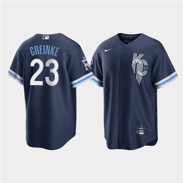 Men Kansas City Royals 23 Zack Greinke 2022 Navy City Connect Cool Base Stitched jersey