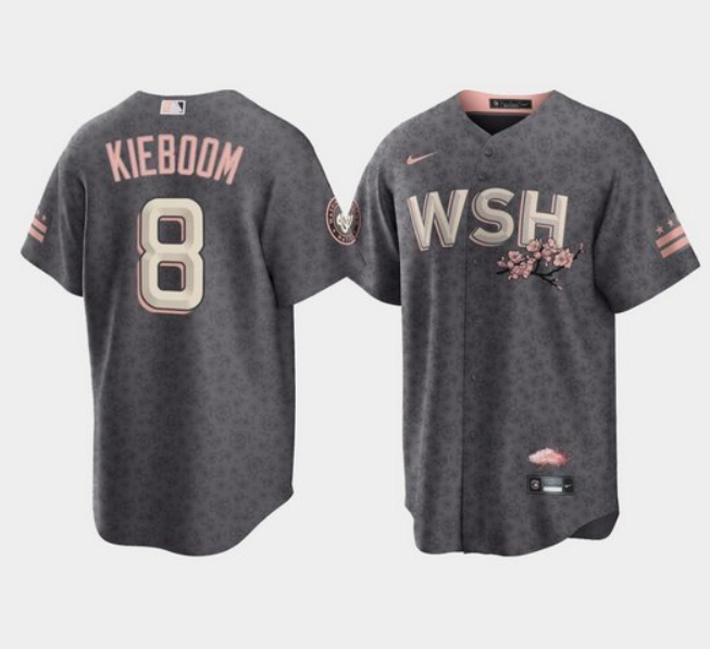 Men Washington Nationals 8 Carter Kieboom 2022 Grey City Connect Cherry Blossom Cool Base Stitched j