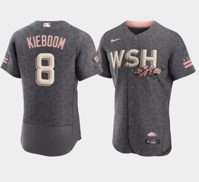 Men Washington Nationals 8 Carter Kieboom 2022 Grey City Connect Cherry Blossom Flex Base Stitched M