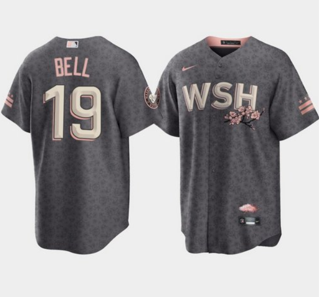 Men Washington Nationals 19 Josh Bell 2022 Grey City Connect Cherry Blossom Cool Base Stitched jerse