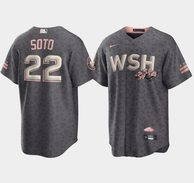 Men Washington Nationals 22 Juan Soto 2022 Grey City Connect Cherry Blossom Cool Base Stitched jerse