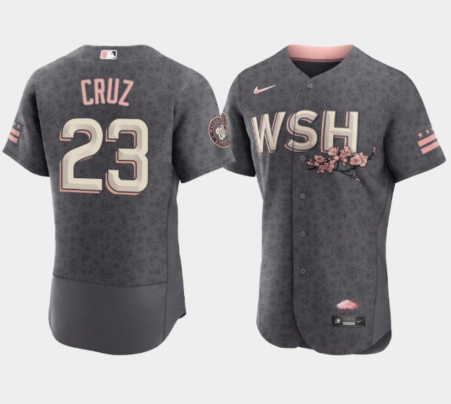 Men Washington Nationals 23 Nelson Cruz 2022 Grey City Connect Cherry Blossom Flex Base Stitched MLB