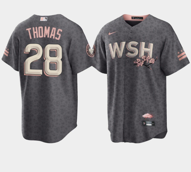 Men Washington Nationals 28 Lane Thomas 2022 Grey City Connect Cherry Blossom Cool Base Stitched jer