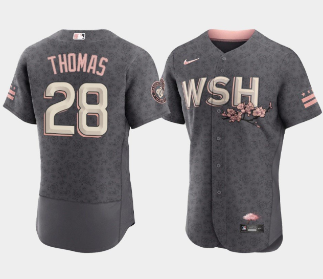 Men Washington Nationals 28 Lane Thomas 2022 Grey City Connect Cherry Blossom Flex Base Stitched MLB