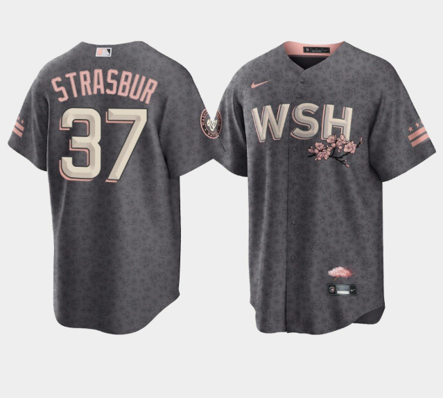 Men Washington Nationals 37 Stephen Strasburg 2022 Grey City Connect Cherry Blossom Cool Base Stitch