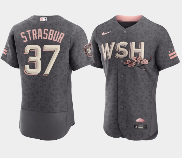 Men Washington Nationals 37 Stephen Strasburg 2022 Grey City Connect Cherry Blossom Flex Base Stitch