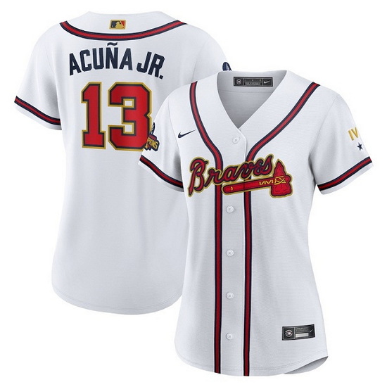 Women Atlanta Braves 13 Ronald Acu F1a Jr 2022 White Gold World Series Champions Program Stitched Je