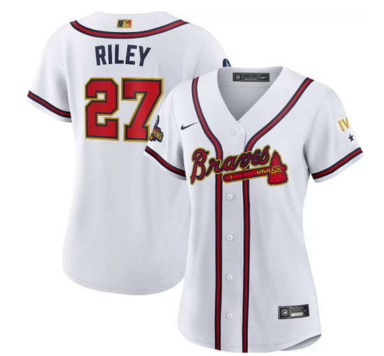 Women Atlanta Braves 27 Austin Riley 2022 White Gold World Series Champions Program Stitched Jersey