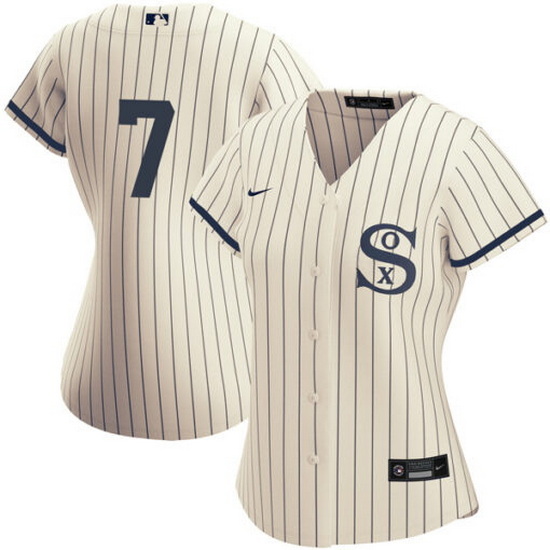 Women Chicago White Sox 7 Tim Anderson 2021 Cream Navy Name 26Number Field Of Dreams Cool Base Stitc