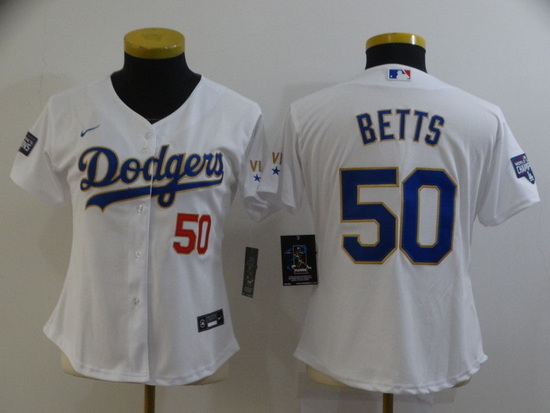 Women Los Angeles Dodgers 50 Mookie Betts White Gold Championship Cool Base Stitched Jersey