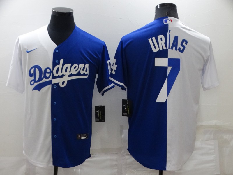 Men Los Angeles Dodgers 7 Julio Urias White Blue Split Cool Base Stitched Baseball Jerse