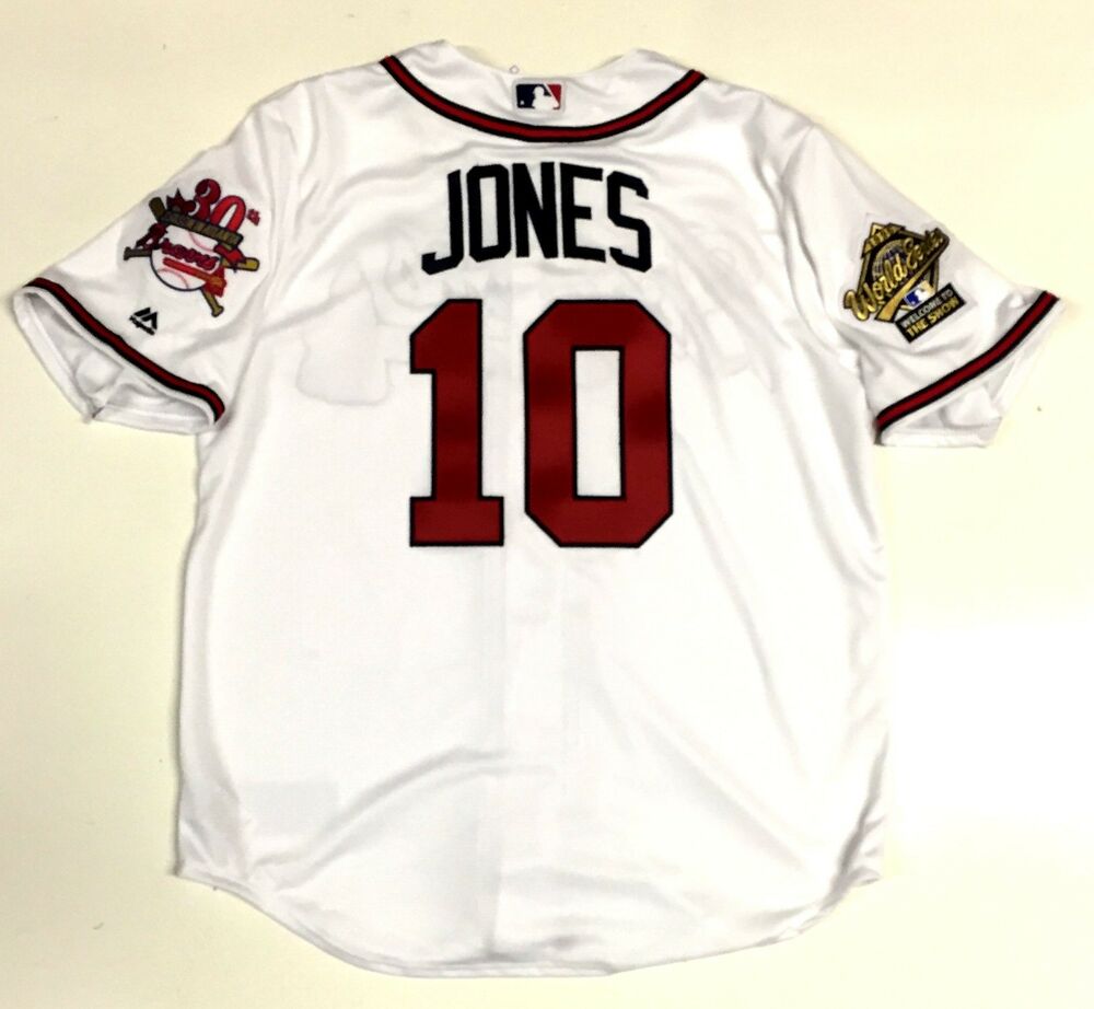 Men ATLANTA BRAVES #10 CHIPPER JONES 1995 WORLD SERIES MAJESTIC COOL BASE Jersey