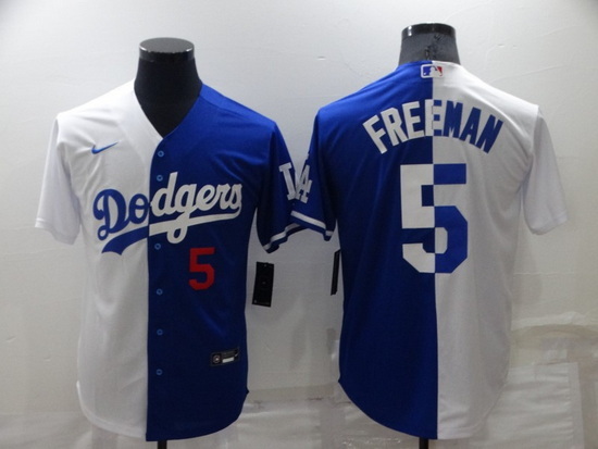 Men Los Angeles Dodgers 5 Freddie Freeman White Blue Split Cool Base Stitched Baseball Jersey