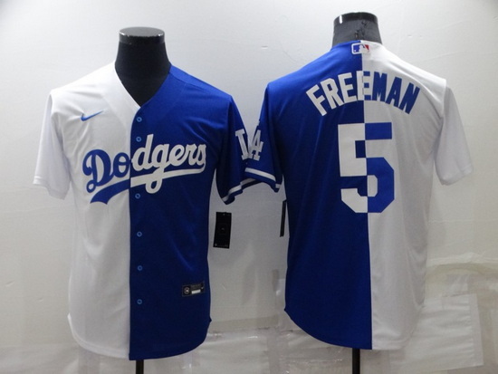 Men Los Angeles Dodgers 5 Freddie Freeman White Blue Split Cool Base Stitched Baseball Jerseys