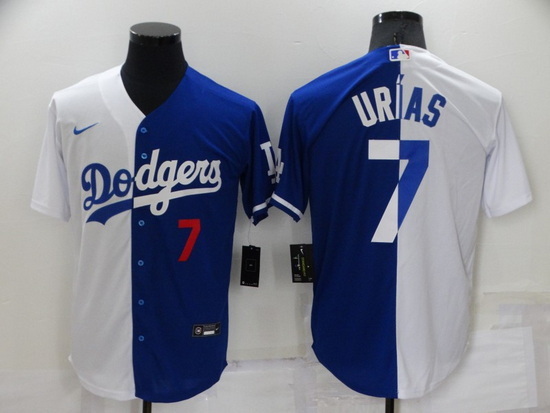 Men Los Angeles Dodgers 7 Julio Urias White Blue Split Cool Base Stitched Baseball Jersey