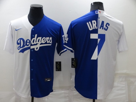 Men Los Angeles Dodgers 7 Julio Urias White Blue Split Cool Base Stitched Baseball Jerseys