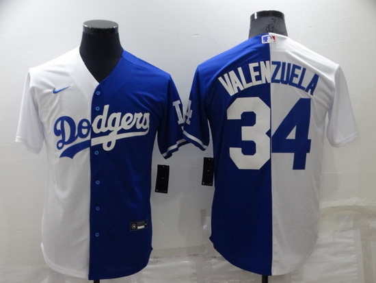 Men Los Angeles Dodgers 34 Toro Valenzuela White Blue Split Cool Base Stitched Baseball Jersey