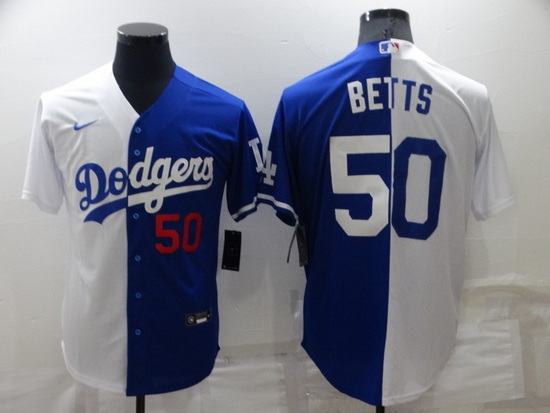 Men Los Angeles Dodgers 50 Mookie Betts White Blue Split Cool Base Stitched Baseball Jerseys