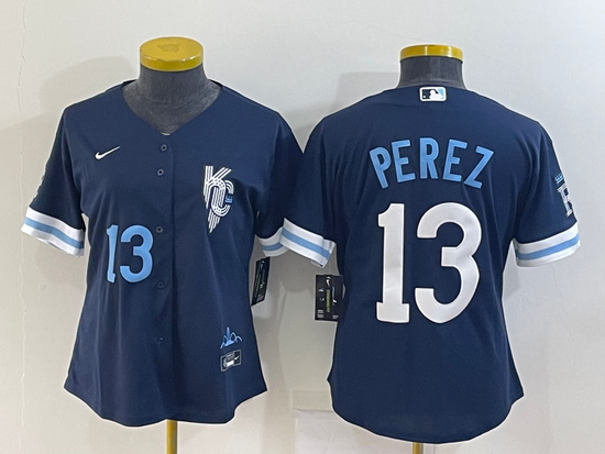 Women's Kansas City Royals #13 Salvador Perez Number 2022 Navy Blue City Connect Cool Base Stitched 