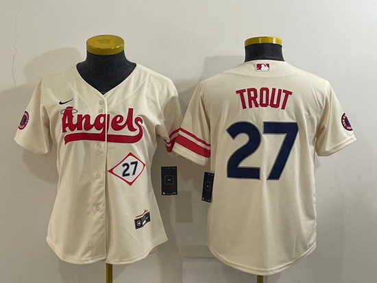 Women's Los Angeles Angels #27 Mike Trout Number Cream 2022 City Connect Cool Base Stitched Jersey