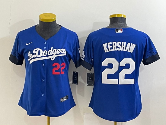 Women's Los Angeles Dodgers #22 Clayton Kershaw Blue 2021 City Connect Number Cool Base Stitched Jer