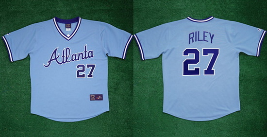 Men Atlanta Braves 27 Austin Riley 1982 Light Blue Cool Base Stitched Baseball Jersey