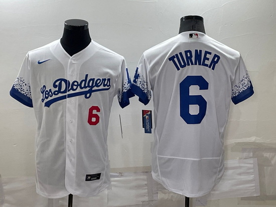 Men Los Angeles Dodgers 6 Trea Turner 2021 White City Connect Flex Base Stitched Baseball Jersey