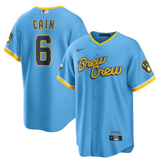 Men Milwaukee Brewers 6 Lorenzo Cain 2022 Powder Blue City Connect Cool Base Stitched Jersey