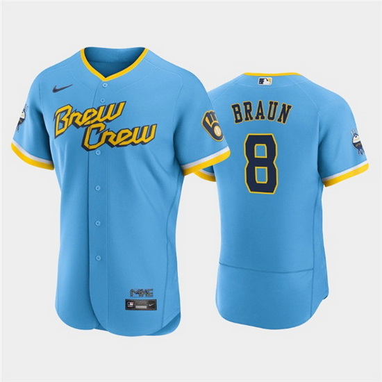 Men Milwaukee Brewers 8 Ryan Braun Powder Blue 2022 City Connect Flex Base Stitched MLB Jersey