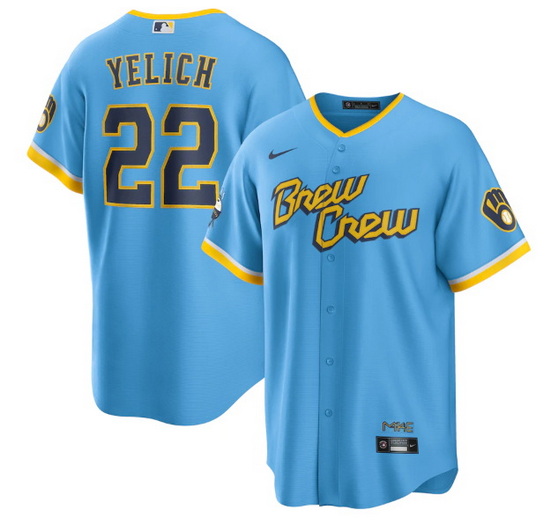 Men Milwaukee Brewers 22 Christian Yelich 2022 Powder Blue City Connect Cool Base Stitched Jersey