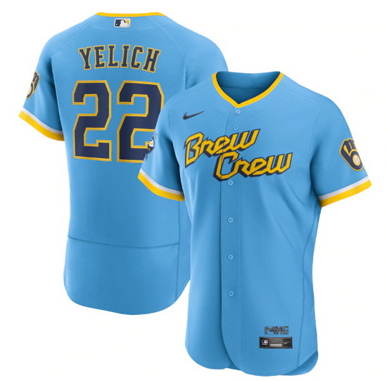 Men Milwaukee Brewers 22 Christian Yelich Powder Blue 2022 City Connect Flex Base Stitched MLB Jerse