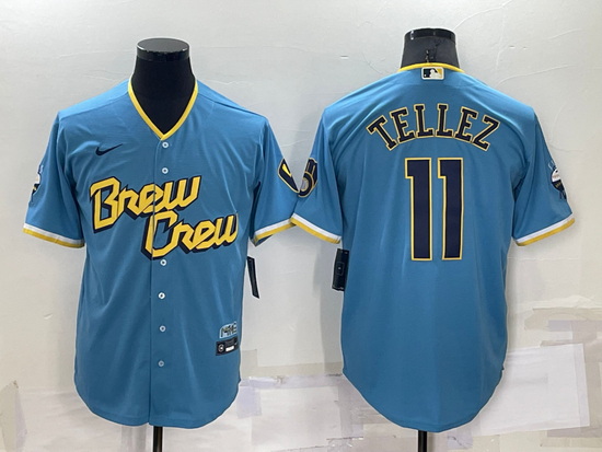 Men Milwaukee Brewers 11 Rowdy Tellez 2022 Powder Blue City Connect Cool Base Stitched Jersey