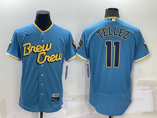 Men Milwaukee Brewers 11 Rowdy Tellez 2022 Powder Blue City Connect Flex Base Stitched Jersey