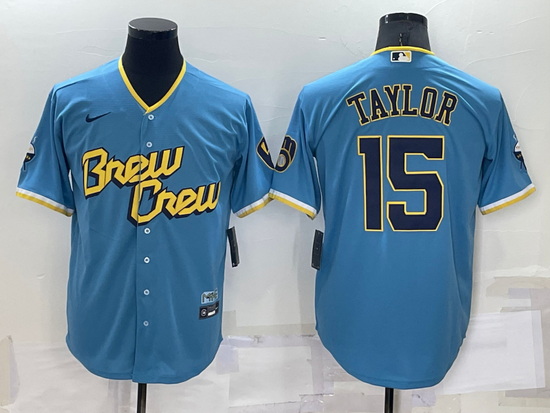 Men Milwaukee Brewers 15 Tyrone Taylor 2022 Powder Blue City Connect Cool Base Stitched Jersey