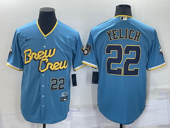 Men Milwaukee Brewers 22 Christian Yelich 2022 Powder Blue City Connect Cool Base Stitched Jersey