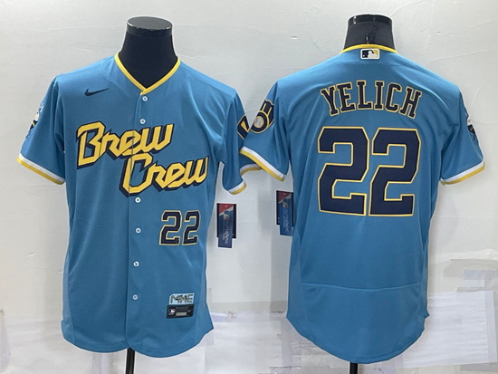 Men Milwaukee Brewers 22 Christian Yelich Powder Blue 2022 City Connect Flex Base Stitched MLB Jerse