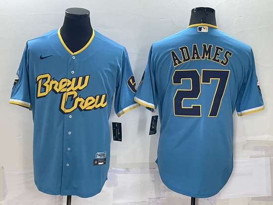 Men Milwaukee Brewers 27 Willy Adames 2022 Powder Blue City Connect Cool Base Stitched Jersey