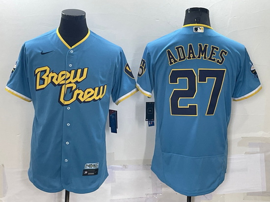 Men Milwaukee Brewers 27 Willy Adames 2022 Powder Blue City Connect Flex Base Stitched Jersey