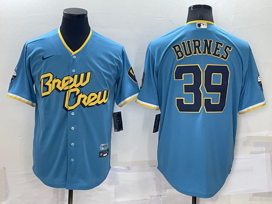 Men Milwaukee Brewers 39 Corbin Burnes 2022 Powder Blue City Connect Cool Base Stitched Jersey