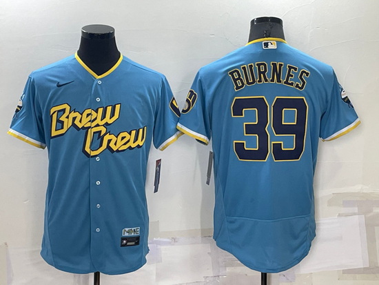 Men Milwaukee Brewers 39 Corbin Burnes 2022 Powder Blue City Connect Flex Base Stitched Jersey