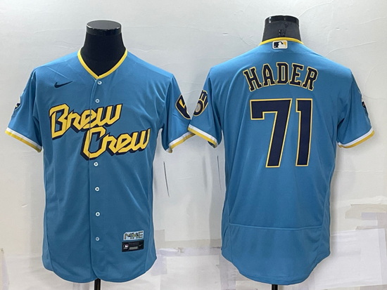 Men Milwaukee Brewers 71 Josh Hader 2022 Powder Blue City Connect Flex Base Stitched Jersey