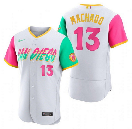 Men San Diego Padres 13 Manny Machado 2022 White City Connect Flex Base Stitched Baseball Jersey