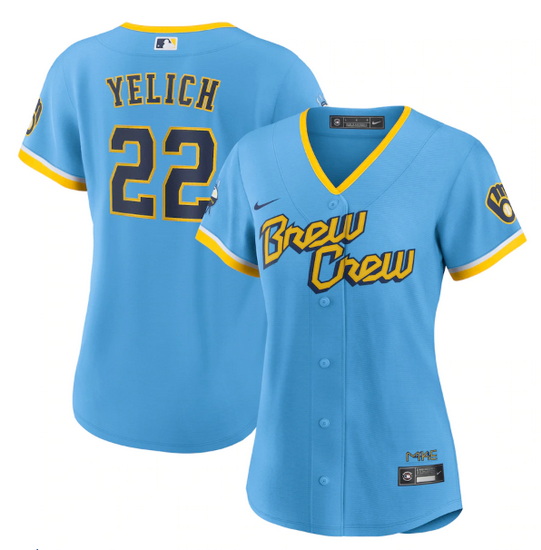 Women Milwaukee Brewers 22 Christian Yelich 2022 Powder Blue City Connect Cool Base Stitched Jersey