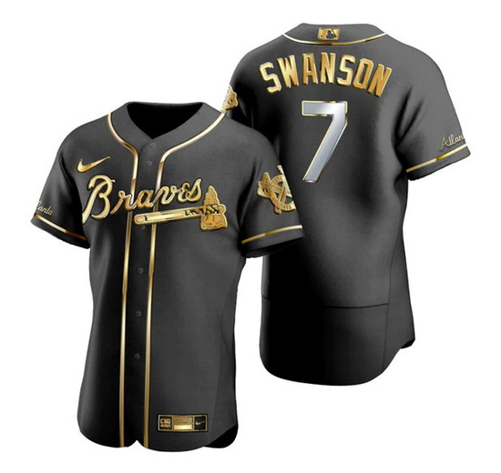 Men Atlanta Braves 7 Dansby Swanson Black Golden Flex Base Stitched Jersey