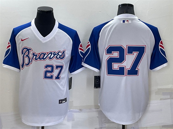 Men Atlanta Braves 27 Austin Riley White Cool Base Stitched Jersey